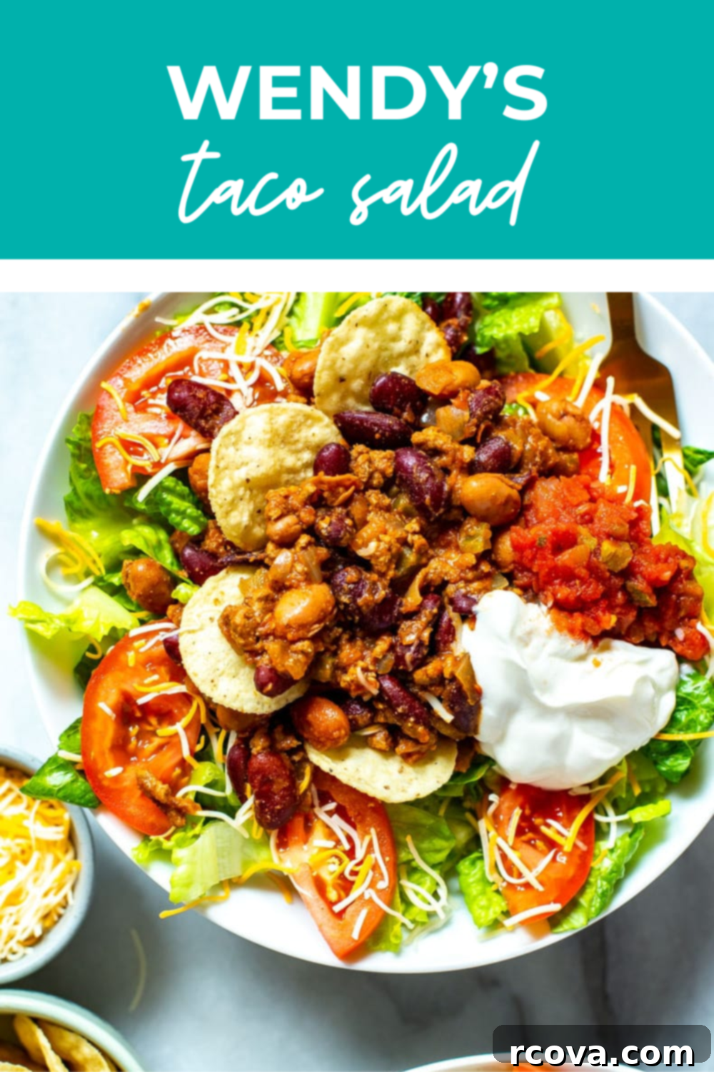Recreate The Famous Wendys Taco Salad 4 Overhead image of bowls of salad with blue banner at the top reading
