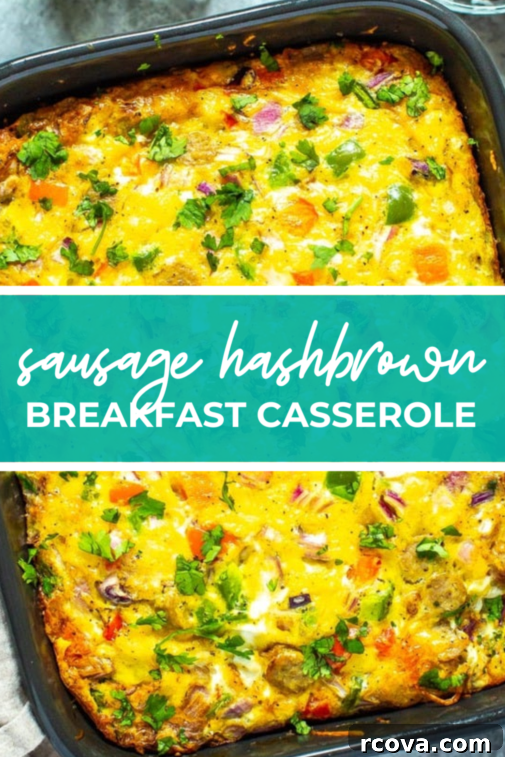 Hearty Sausage Hashbrown Breakfast Casserole 6 Overhead shot of plated dish with green banner in the middle - reading "Sausage Hashbrown Breakfast Casserole" for a delightful meal.