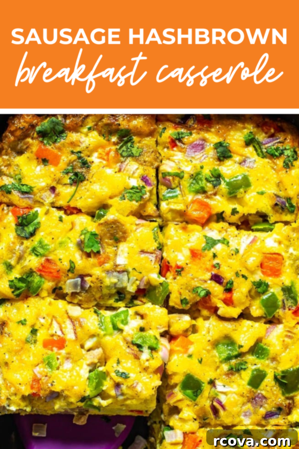 Hearty Sausage Hashbrown Breakfast Casserole 7 Overhead shot of plated dish with orange banner on the top - reading "Sausage Hashbrown Breakfast Casserole" for a hearty breakfast.