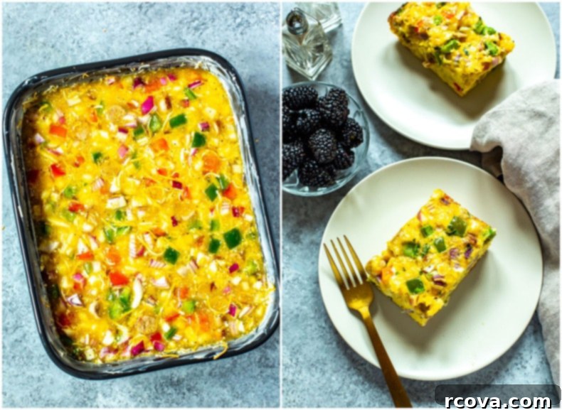 This Sausage Hashbrown Breakfast Casserole is made healthier thanks to turkey breakfast sausage and less cheese - it's a great meal prep idea that is also freezer-friendly! Baked egg casserole with two servings of egg casserole on plates, garnished with fresh herbs, ready for a delicious breakfast.