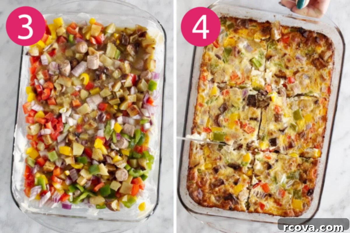 Hearty Sausage Hashbrown Breakfast Casserole 4 Steps 3 and 4 for making sausage hashbrown breakfast casserole: Layer casserole then bake before slicing and serving.