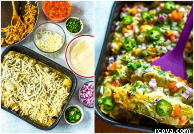 This Chicken Enchiladas Verdes recipe is made with tomatillo-based salsa verde and comes together as an easy dinner casserole - it also works great as flavorful meal prep lunches! #greenenchiladas #enchiladasverdes #chicken Photo collage showing the steps of assembling enchiladas with chicken filling and baked enchiladas verdes in a casserole dish.