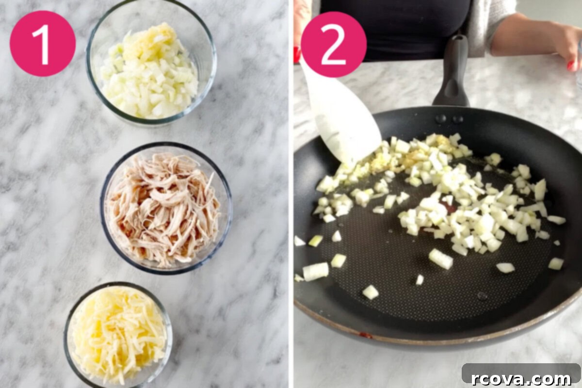 Savory Make-Ahead Chicken Enchiladas Verdes 3 Steps 1 and 2 for making meal prep chicken enchiladas verdes: cooking and shredding chicken, then sautéing garlic and onions.