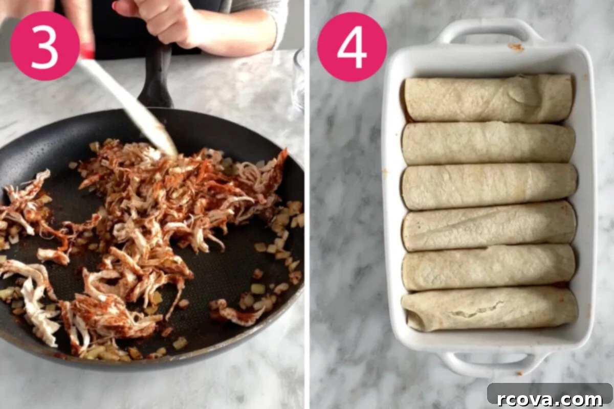 Savory Make-Ahead Chicken Enchiladas Verdes 4 Steps 3 and 4 for making meal prep chicken enchiladas verdes: adding chicken and spices, then assembling the enchiladas.