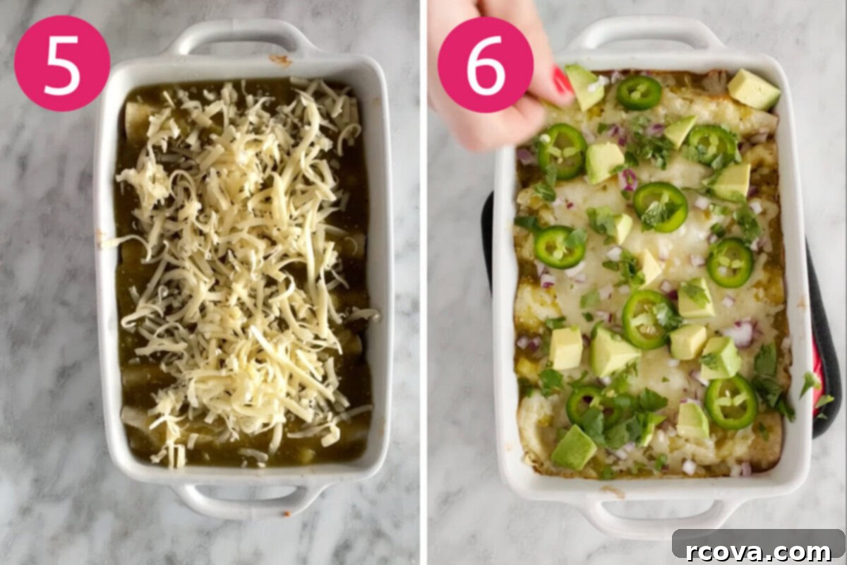 Savory Make-Ahead Chicken Enchiladas Verdes 5 Steps 5 and 6 for making meal prep chicken enchiladas verdes: adding salsa and cheese, then baking and garnishing.