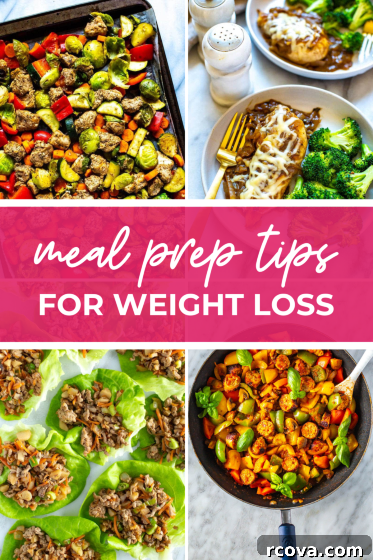 How to Meal Prep for Weight Loss with a Diet Plan 2 A collage of four different meals with the text "Meal Prep Tips for Weight Loss".