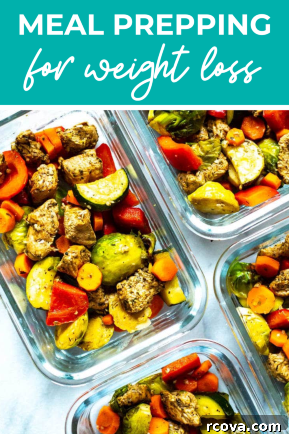 How to Meal Prep for Weight Loss with a Diet Plan 17 4 meal prep containers with balsamic chicken.