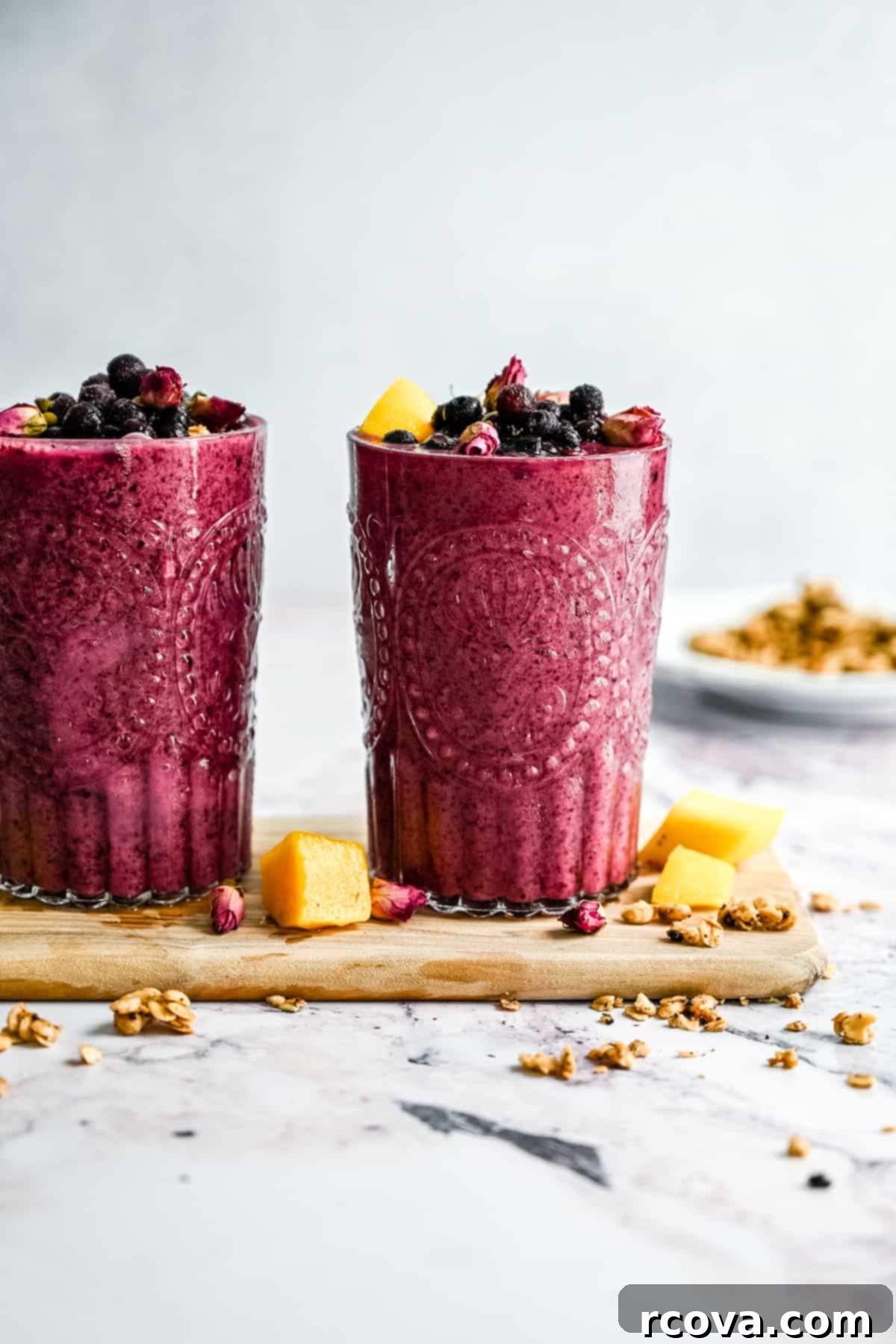 Power-Packed Protein Blends for Wellness 27 Blueberry Smoothie via All the Healthy Things, a light and creamy banana-free option.