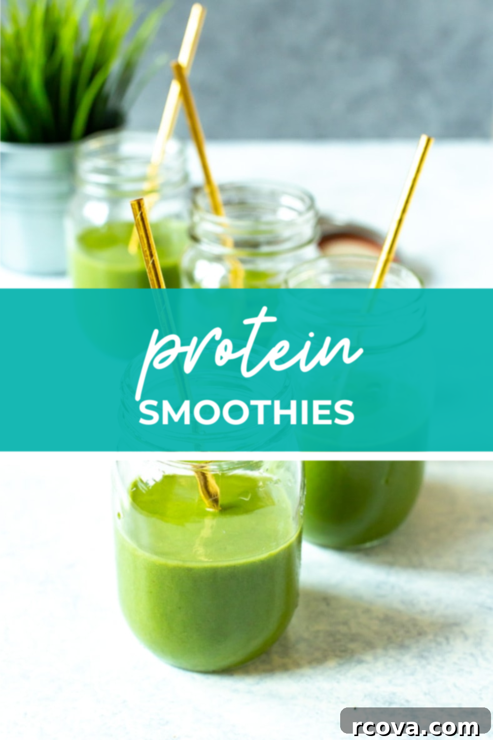 Power-Packed Protein Blends for Wellness 29 Four glass mason jars filled with vibrant green smoothies, with a blue banner across the middle reading 'Protein Smoothies' – ideal for quick, healthy meals or snacks.