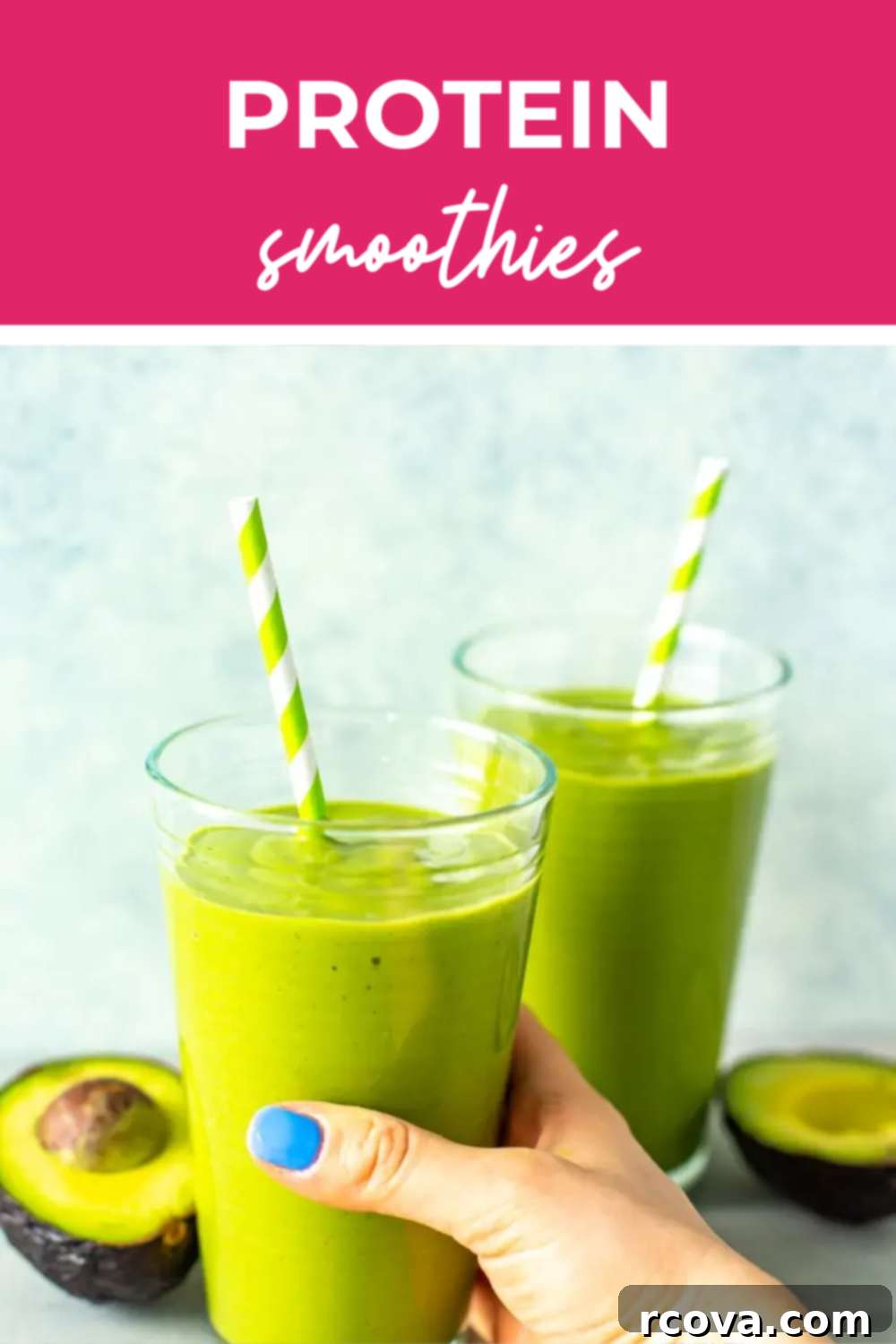 Power-Packed Protein Blends for Wellness 30 Two glass mason jars filled with rich green smoothies, featuring a pink banner across the top reading 'Protein Smoothies' – perfect for energizing daily nutrition.