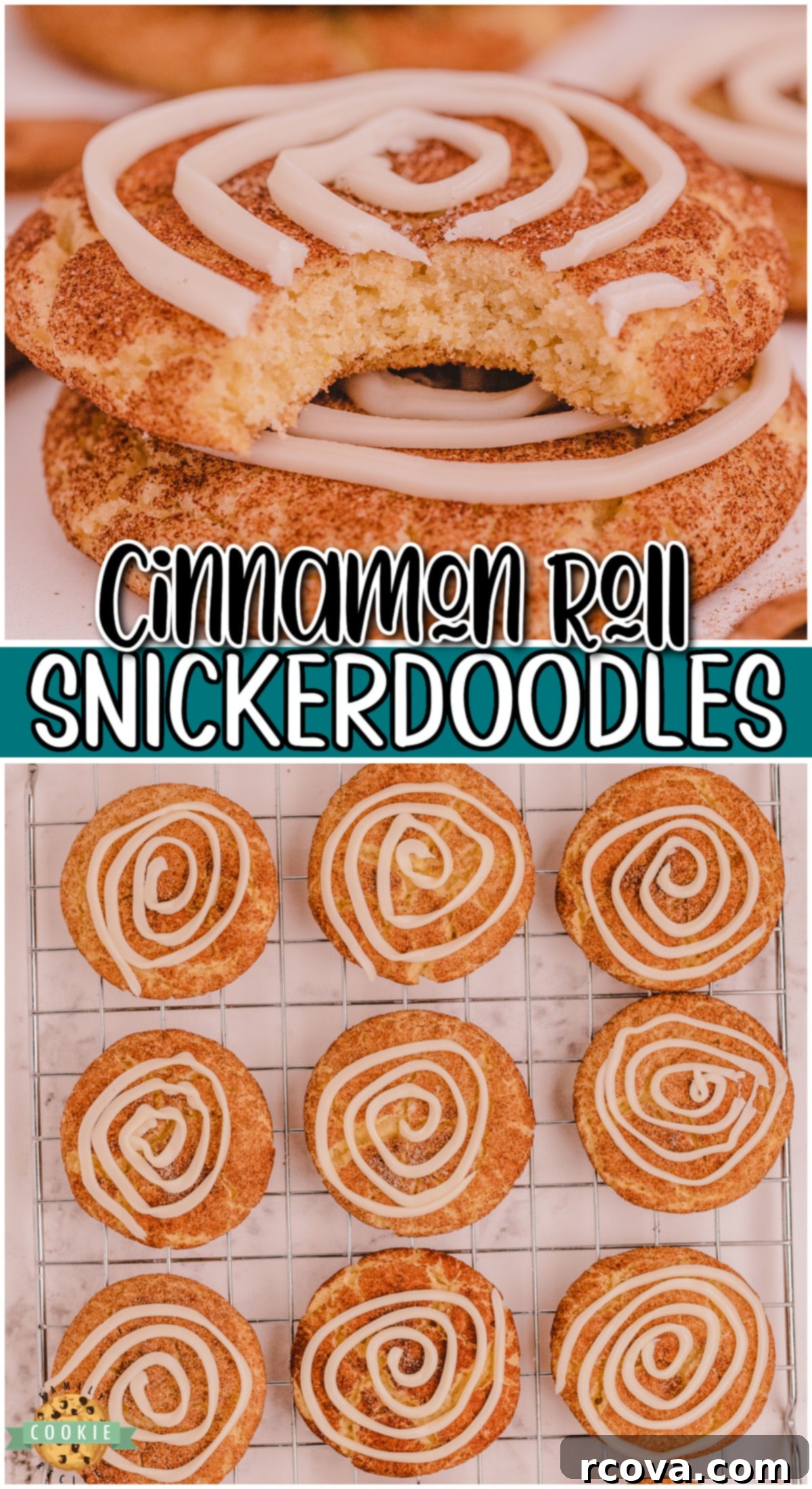 Cinnamon Swirl Doodles 15 Cinnamon Roll Snickerdoodles are your favorite snickerdoodle cookies with the addition of a sweet vanilla frosting swirl on top!