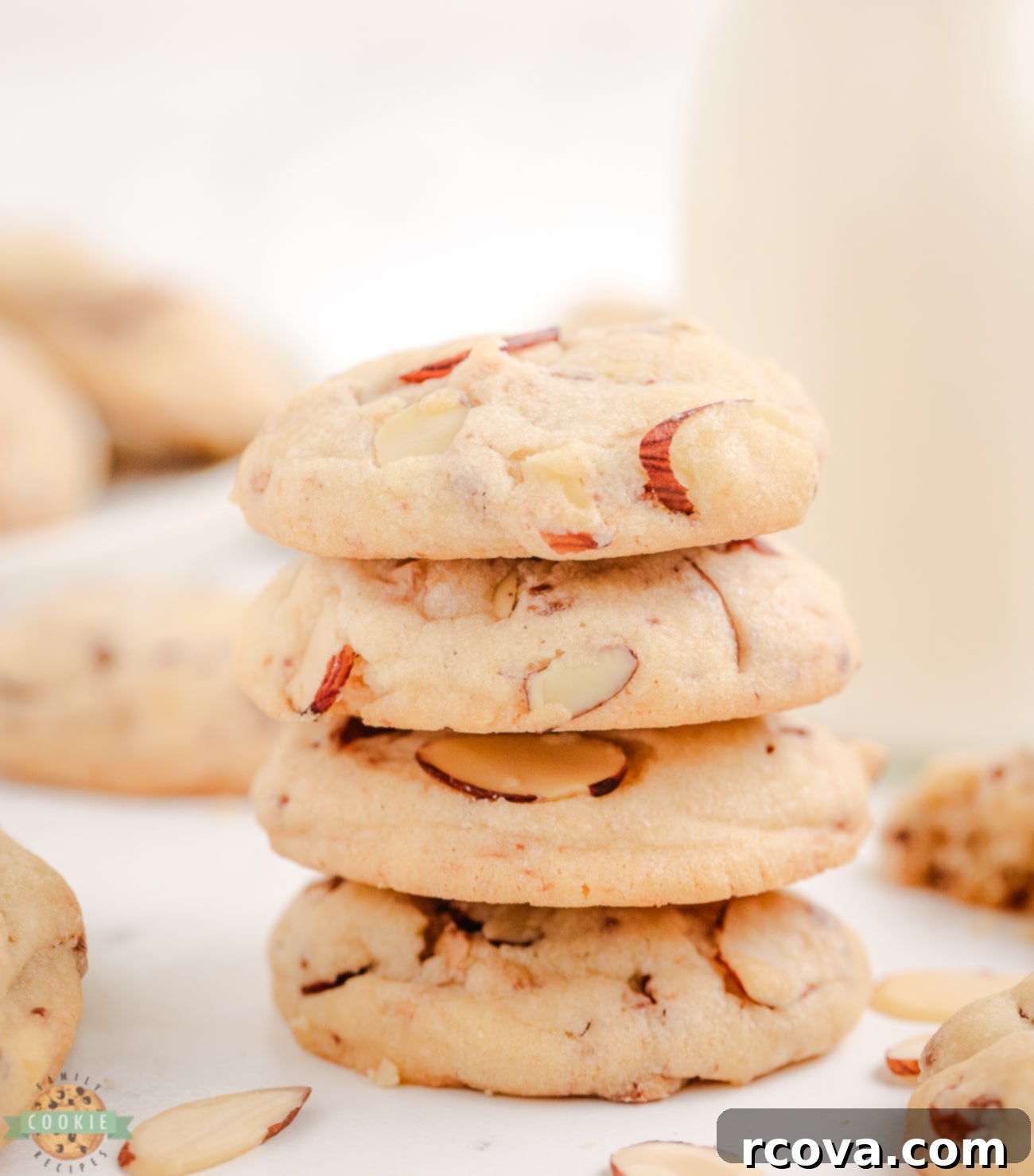 Buttery Toffee Almond Delights 2 A beautiful stack of buttery Toffee Almond Sandies cookies, showcasing their tender texture and delicious inclusions.
