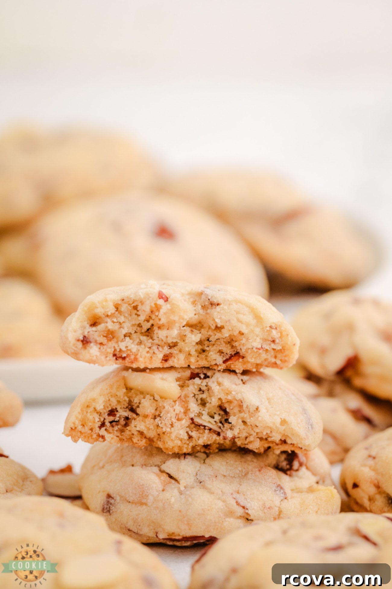 Buttery Toffee Almond Delights 3 Close-up of buttery toffee almond cookies, highlighting their golden brown edges and delicious texture.
