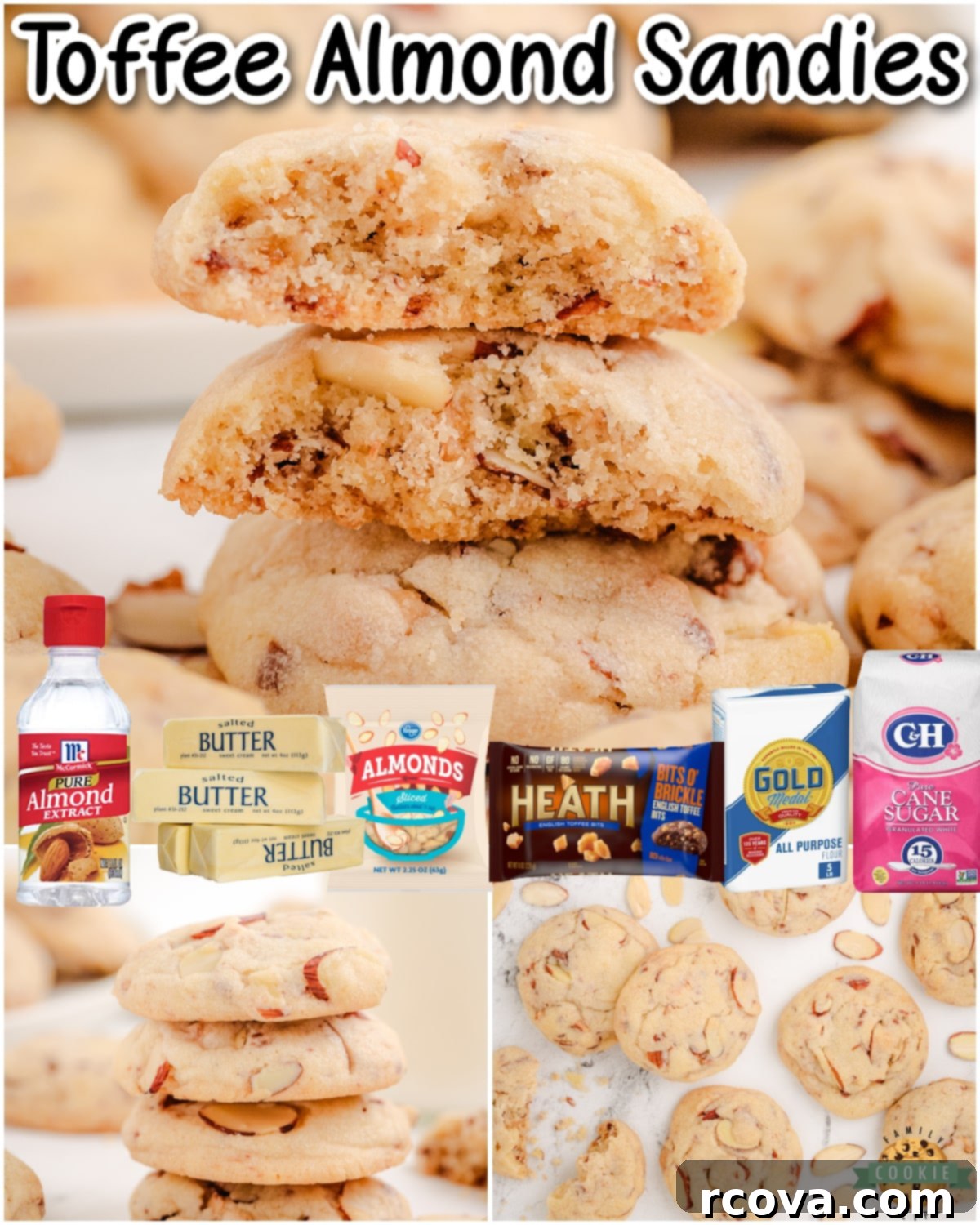 Buttery Toffee Almond Delights 7 A vibrant collage image featuring various close-ups of Toffee Almond Sandies, emphasizing their tender, buttery texture and delightful flavors from almond extract, almonds, and toffee bits.