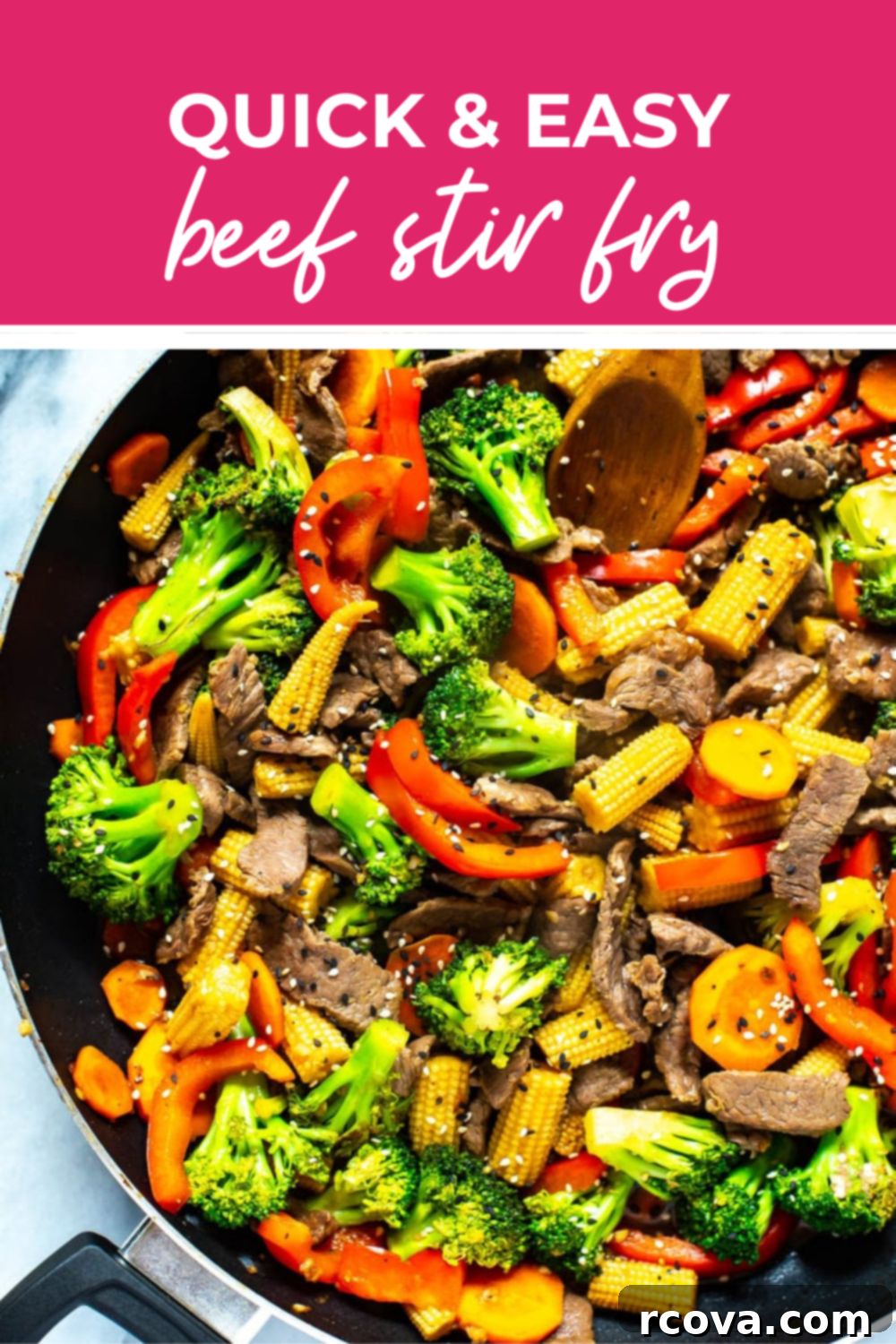 Simple and Savory Beef Stir Fry 7 Overhead shot of plated Quick & Easy Beef Stir Fry with a pink banner, showcasing a delicious homemade meal.