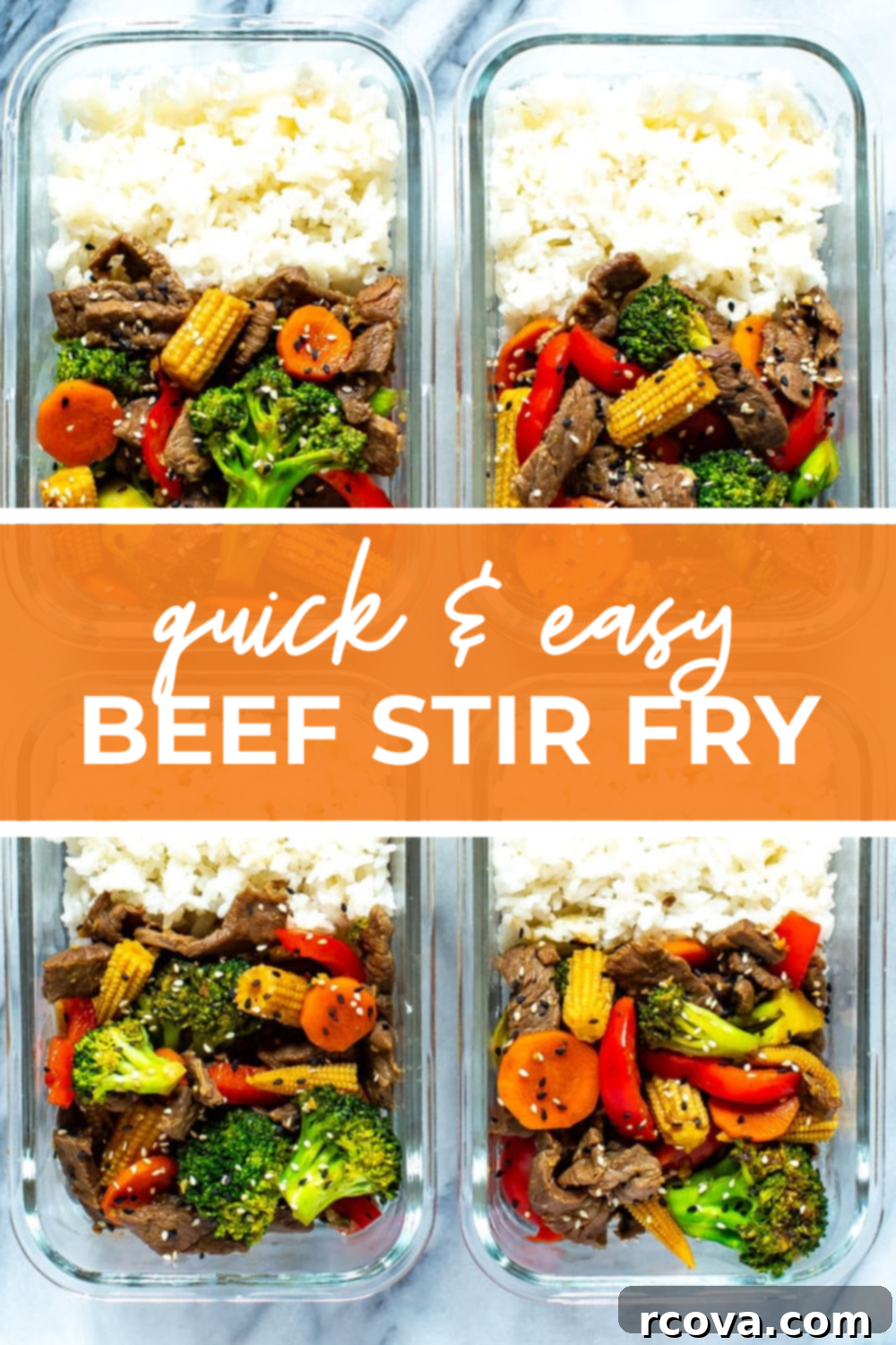 Simple and Savory Beef Stir Fry 8 Overhead shot of plated Quick & Easy Beef Stir Fry with an orange banner, highlighting a healthy dinner idea.