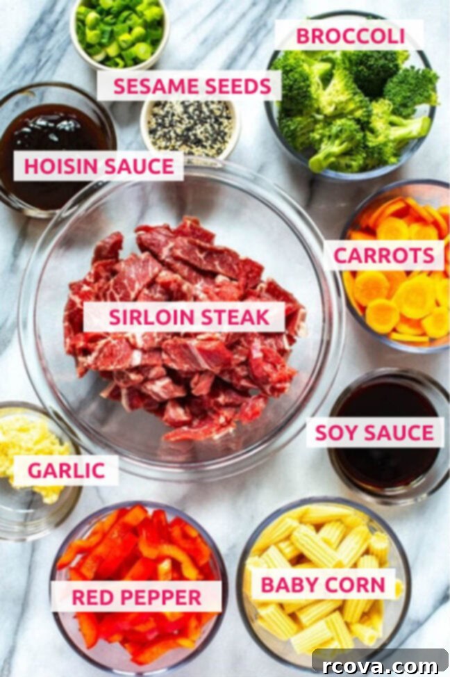 Simple and Savory Beef Stir Fry 3 Overhead shot of the stir fry sauce ingredients: low-sodium soy sauce and hoisin sauce, with labels