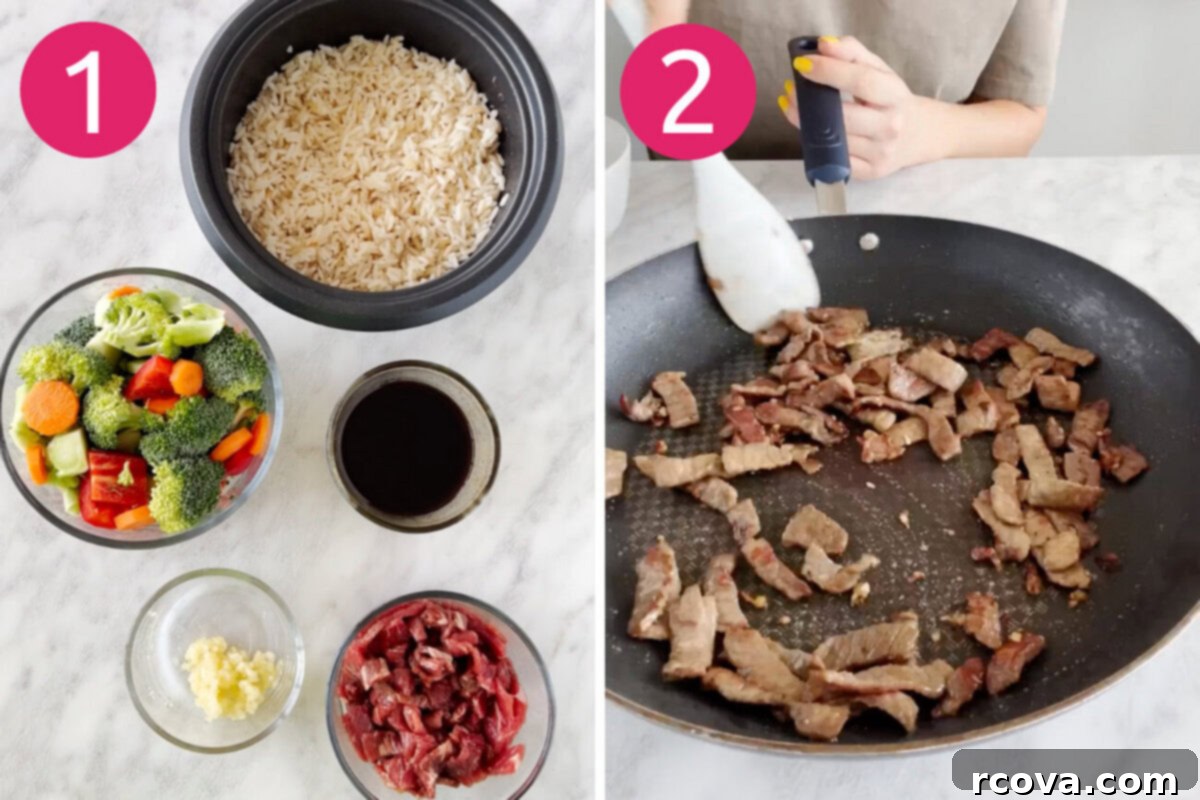 Simple and Savory Beef Stir Fry 4 Steps 1 and 2 for making tender beef stir fry: Cooking rice and searing beef with garlic.