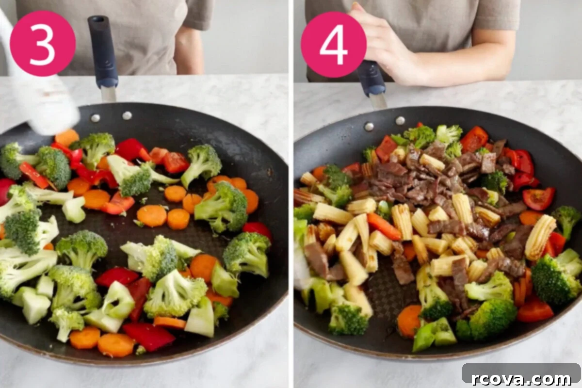 Simple and Savory Beef Stir Fry 5 Steps 3 and 4 for making beef stir fry: Cooking fresh vegetables and combining all ingredients with sauce.