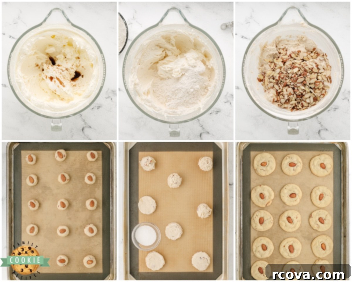 Golden Almond Delights 4 step-by-step image showing how to make almond drop cookies, including dough preparation and placing whole almonds on top