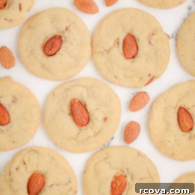 Golden Almond Delights 6 a tray filled with golden-brown almond drop cookies, each topped with a whole almond, ready to be served