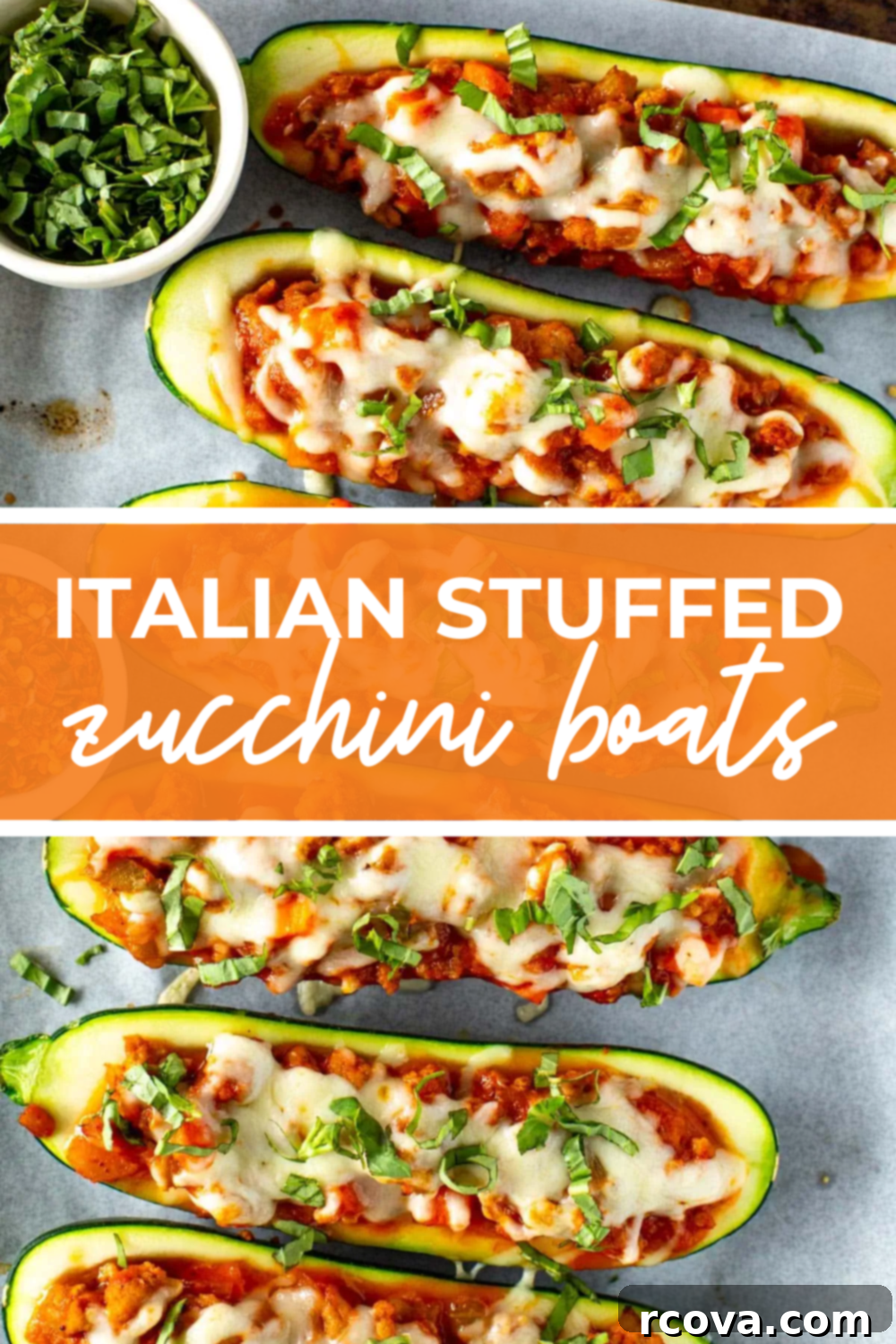 Quick and Flavorful Italian Zucchini Boats 12 Several zucchini boats with the text "Italian Stuffed Zucchini Boats" on top.