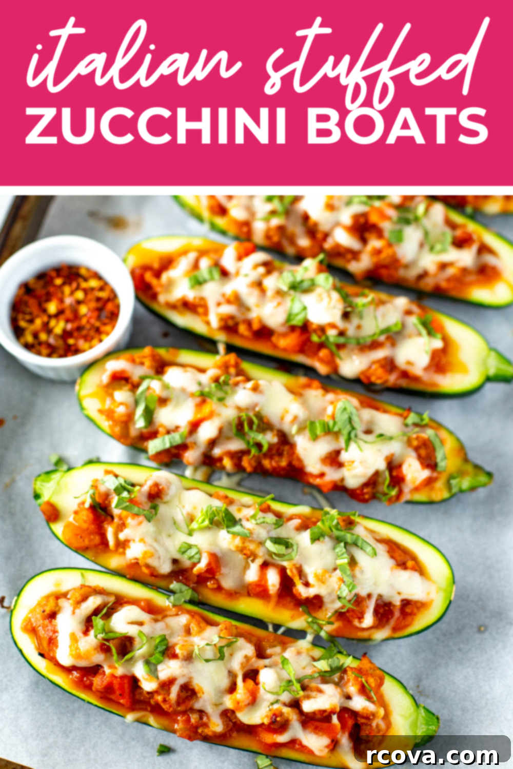 Quick and Flavorful Italian Zucchini Boats 13 Italian stuffed zucchinis with the text "Italian Stuffed Zucchini Boats" on top.