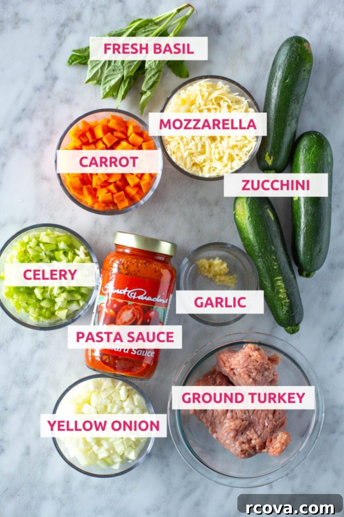 Quick and Flavorful Italian Zucchini Boats 4 Ingredients for Italian stuffed zucchini boats including fresh basil, mozzarella cheese, carrot, zucchini, celery, rich pasta sauce, fragrant garlic, yellow onion, and lean ground turkey.