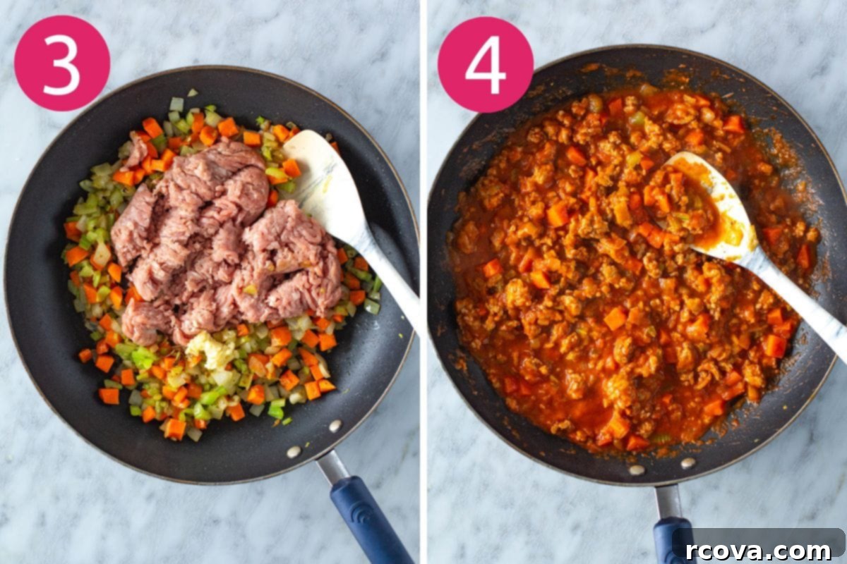 Quick and Flavorful Italian Zucchini Boats 6 Two side-by-side images showing step 3 (browning ground turkey with garlic in the skillet with sautéed vegetables) and step 4 (adding pasta sauce to the meat mixture) for making Italian zucchini boats.