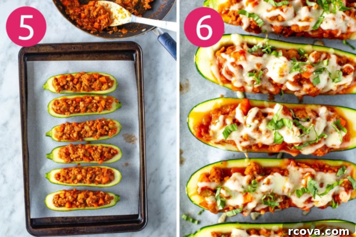 Quick and Flavorful Italian Zucchini Boats 7 Two side-by-side images showing step 5 (stuffing the zucchini boats with meat mixture and topping with mozzarella cheese) and step 6 (finished Italian stuffed zucchini boats garnished with fresh basil) for a complete visual guide.