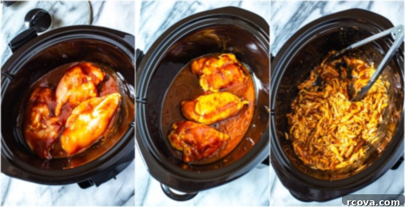 Effortless 2-Ingredient Slow Cooker BBQ Chicken 5 A close-up shot of shredded Crockpot BBQ Chicken on a white plate with a side of green kale slaw.