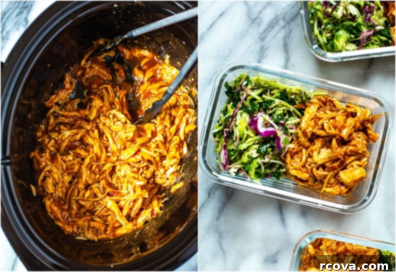 Effortless 2-Ingredient Slow Cooker BBQ Chicken 8 A large pot of shredded Crockpot BBQ Chicken, ready to be portioned.