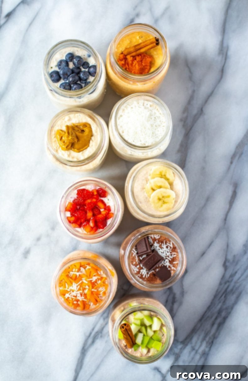 9 Easy Overnight Oats Meal Prep Recipes 2 A vibrant display of nine individual jars of overnight oats, showcasing various flavors like chocolate, berries, pumpkin, and banana, ready for easy meal prep.