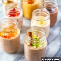 9 Easy Overnight Oats Meal Prep Recipes 9 A selection of 9 beautifully crafted overnight oats jars, each with unique toppings, perfect for a meal prep visual.
