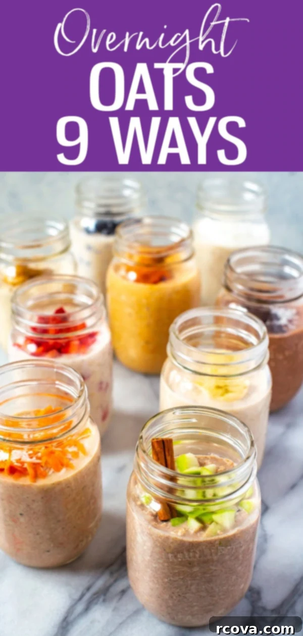 9 Easy Overnight Oats Meal Prep Recipes 10 A Pinterest graphic promoting overnight oats recipes for busy mornings and meal prep.