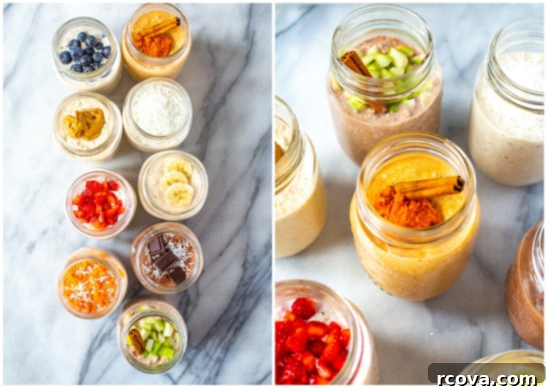 9 Easy Overnight Oats Meal Prep Recipes 5 Nine jars of overnight oats arranged on a wooden board, each showing a different flavor and topping combination, perfect for healthy breakfast ideas.