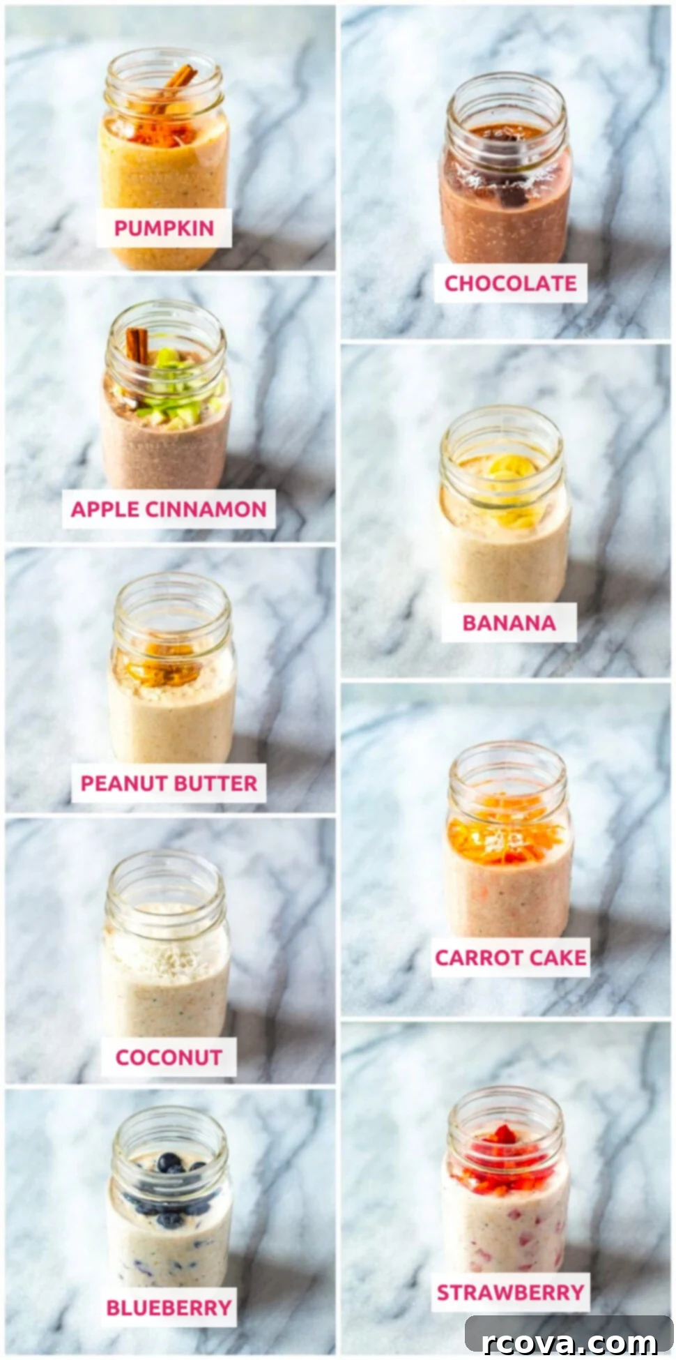 9 Easy Overnight Oats Meal Prep Recipes 6 A collage featuring nine individual jars of overnight oats, each labeled with a distinct flavor like Pumpkin, Chocolate, Apple Cinnamon, and Peanut Butter, presented for a healthy breakfast meal prep.
