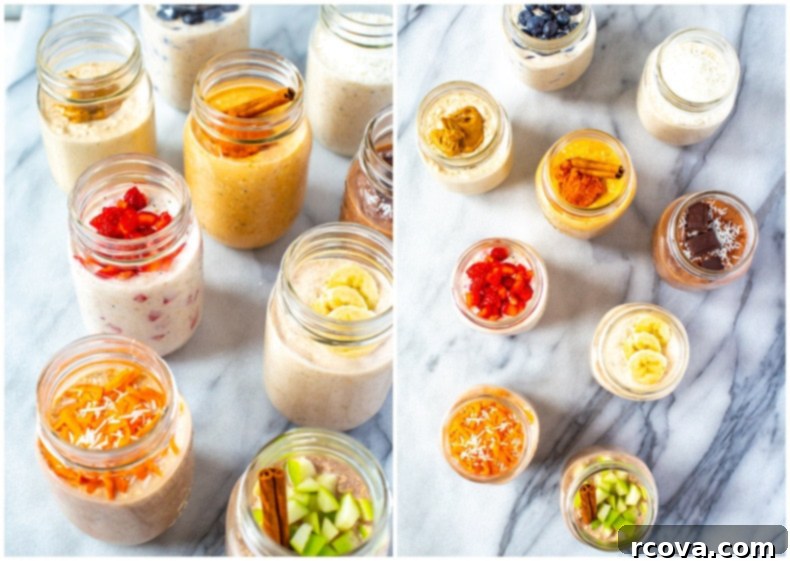 9 Easy Overnight Oats Meal Prep Recipes 8 A minimalist shot of three glass jars filled with overnight oats, showcasing various toppings like berries and nuts, ready for a healthy meal.