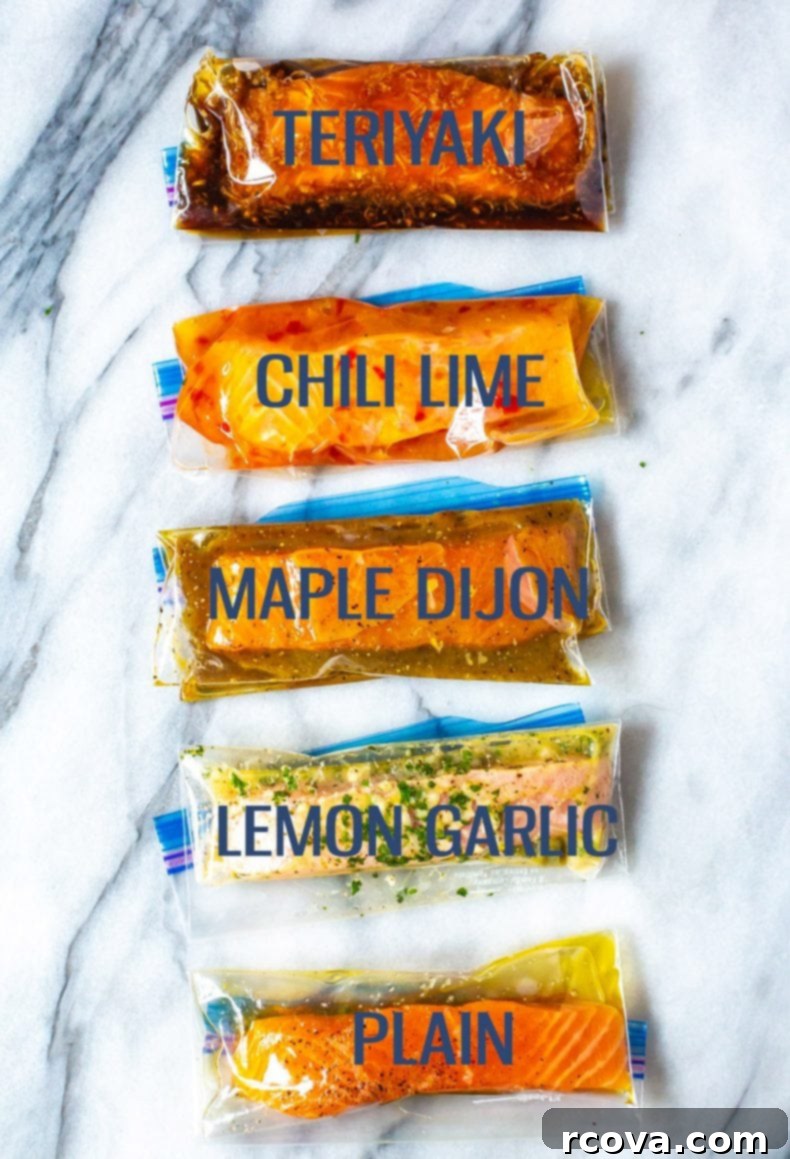 5 Must-Try Salmon Marinades 2 Easiest Ever Baked Salmon Recipe with various flavorful marinades