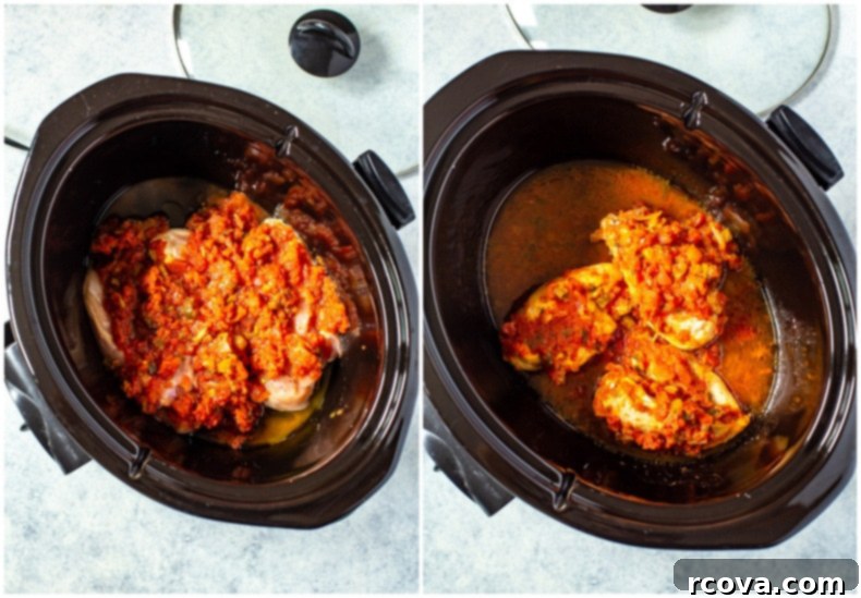 Effortless Two Ingredient Salsa Chicken 5 Close-up of shredded 2-Ingredient Crockpot Salsa Chicken in a slow cooker, mixed with vibrant salsa.