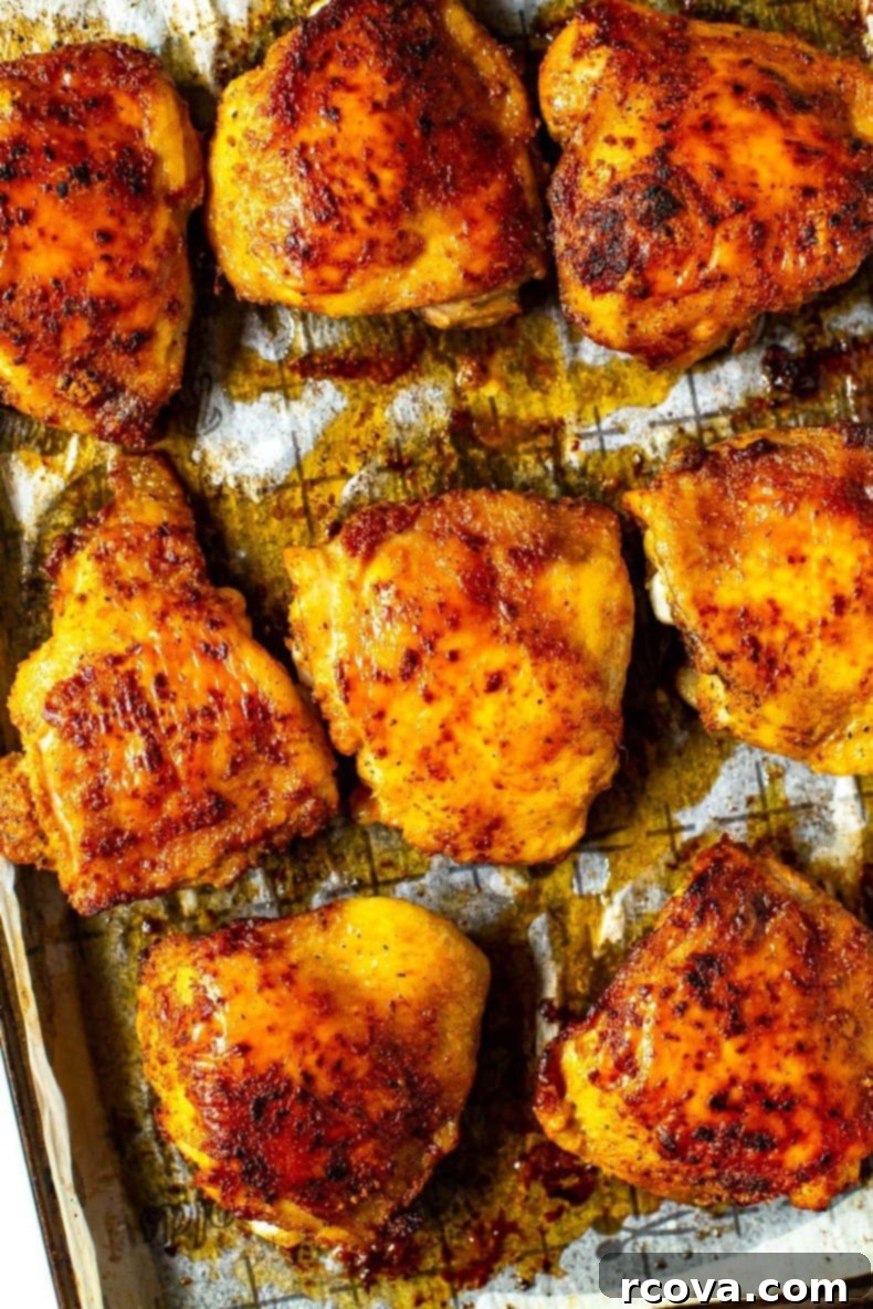 Succulent Baked Chicken Thighs with Crispy Skin 2 A close-up of beautifully seasoned baked chicken thighs on a parchment-lined sheet pan, golden brown and ready to serve.