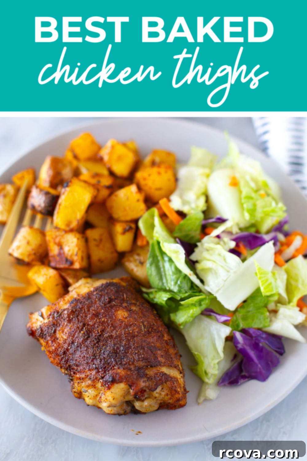 Succulent Baked Chicken Thighs with Crispy Skin 12 A baked chicken thigh on a plate with potatoes and salad with the text "Best Baked Chicken Thighs"/