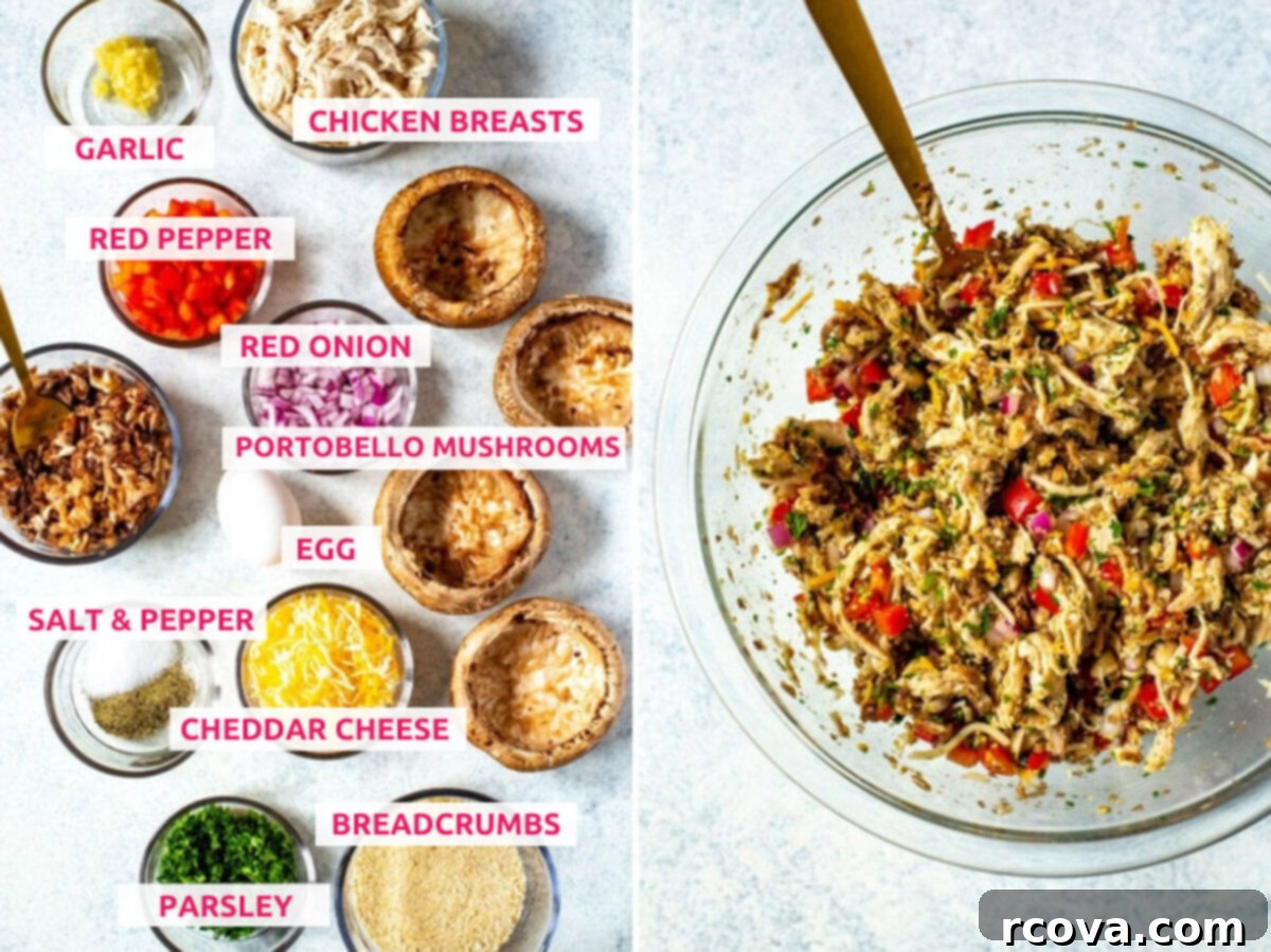 Perfectly Stuffed Portobello Mushrooms 4 Ingredients for chicken and cheese stuffed portobello mushrooms: portobello mushrooms, breadcrumbs, parsley, cheddar cheese, salt, pepper, diced red onion, diced red pepper, egg, minced garlic, and cooked chicken breasts.