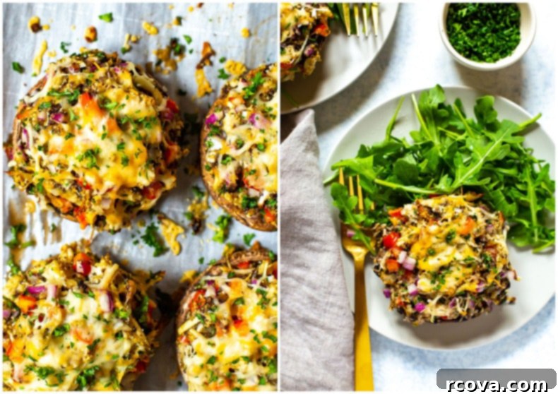 Perfectly Stuffed Portobello Mushrooms 6 Two perfectly baked chicken stuffed portobello mushrooms on a white plate, ready to be served.