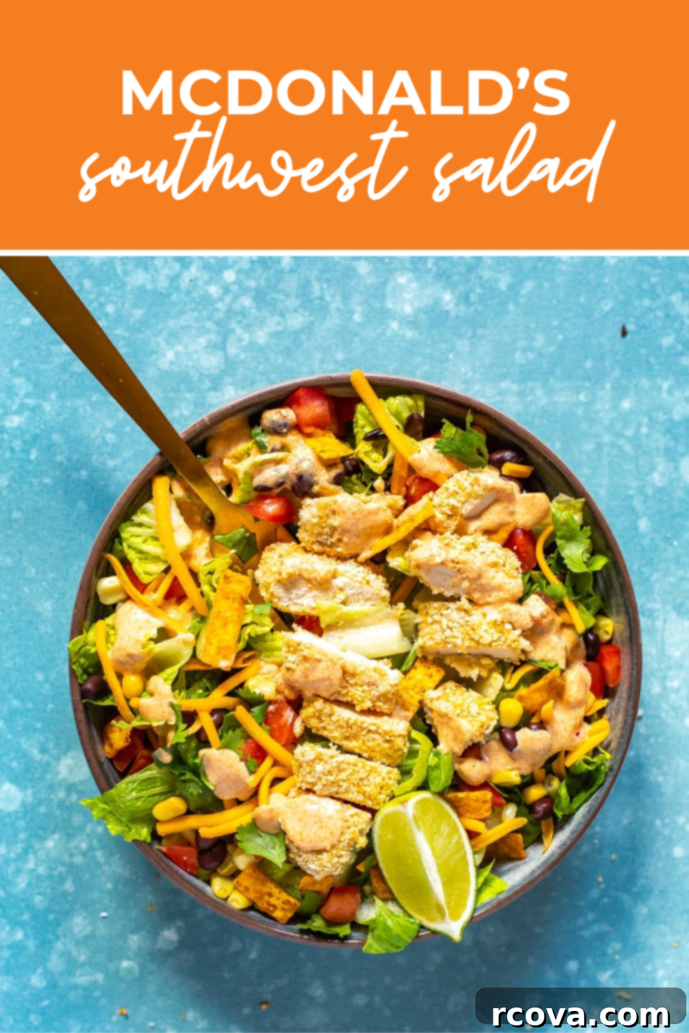 Homemade McDonald's Southwest Salad Recipe 12 overhead shot of the dish with orange banner on the top reading