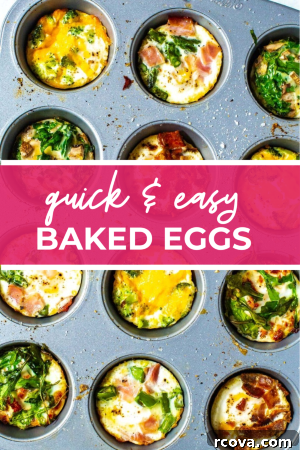 Make-Ahead Egg Bakes 11 overhead shot of plated dish with pink banner in the middle - reading "quick & easy baked eggs"