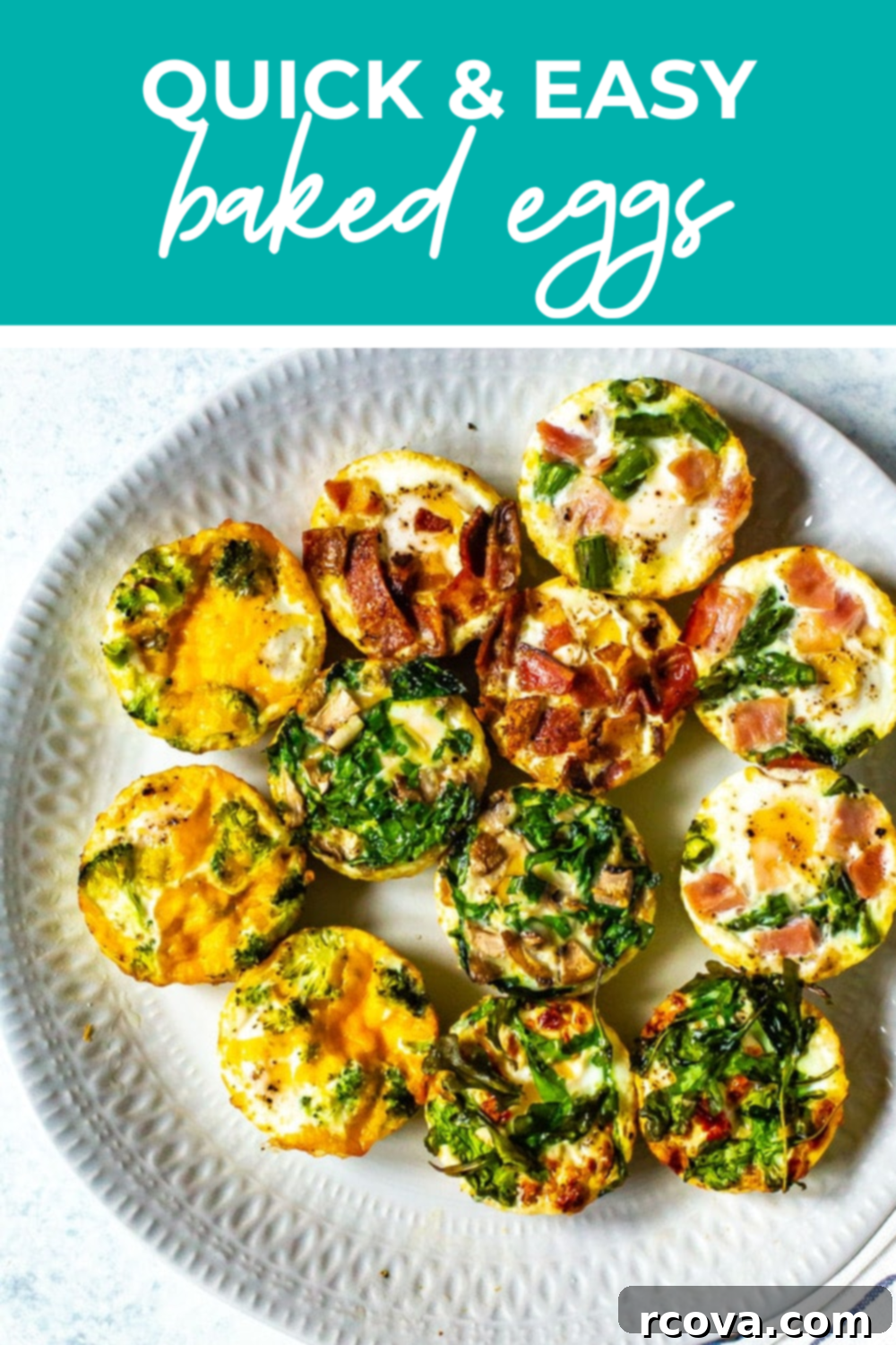Make-Ahead Egg Bakes 12 overhead shot of plated dish with green banner on the top - reading "quick & easy baked eggs"