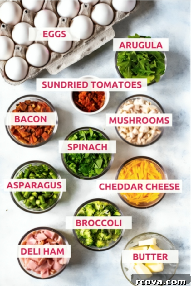 Make-Ahead Egg Bakes 4 A colorful array of ingredients for baked eggs laid out on a clean counter, including eggs, bacon, spinach, tomatoes, and various cheeses, ready for assembly.