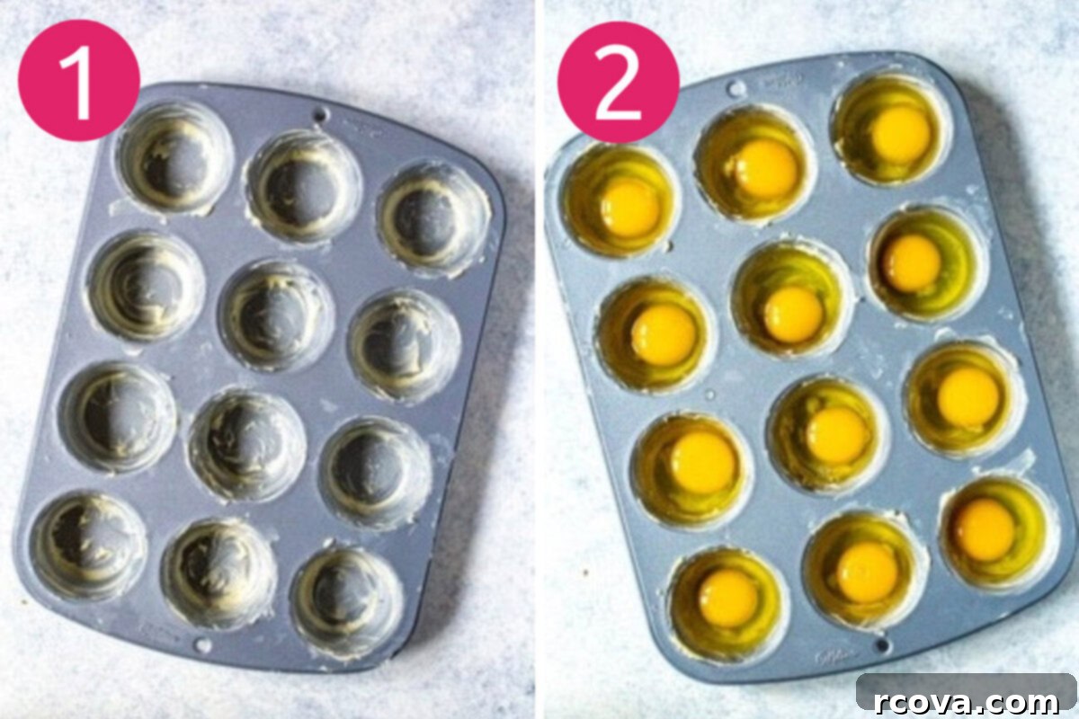 Make-Ahead Egg Bakes 5 The initial steps for preparing baked eggs: A muffin tin is shown being greased, followed by eggs being carefully cracked into each cup.