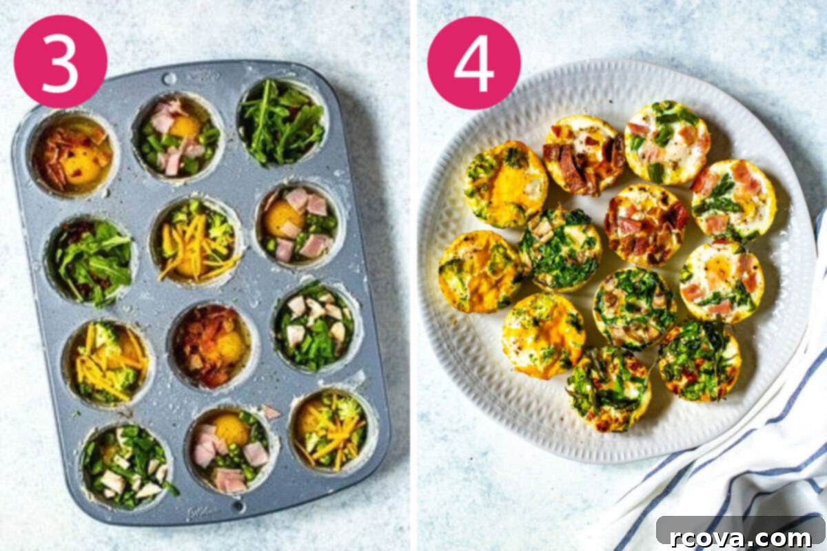 Make-Ahead Egg Bakes 6 The subsequent steps for preparing baked eggs: Fillings are added to the cracked eggs in the muffin tin, followed by the tin being placed in the oven for baking.